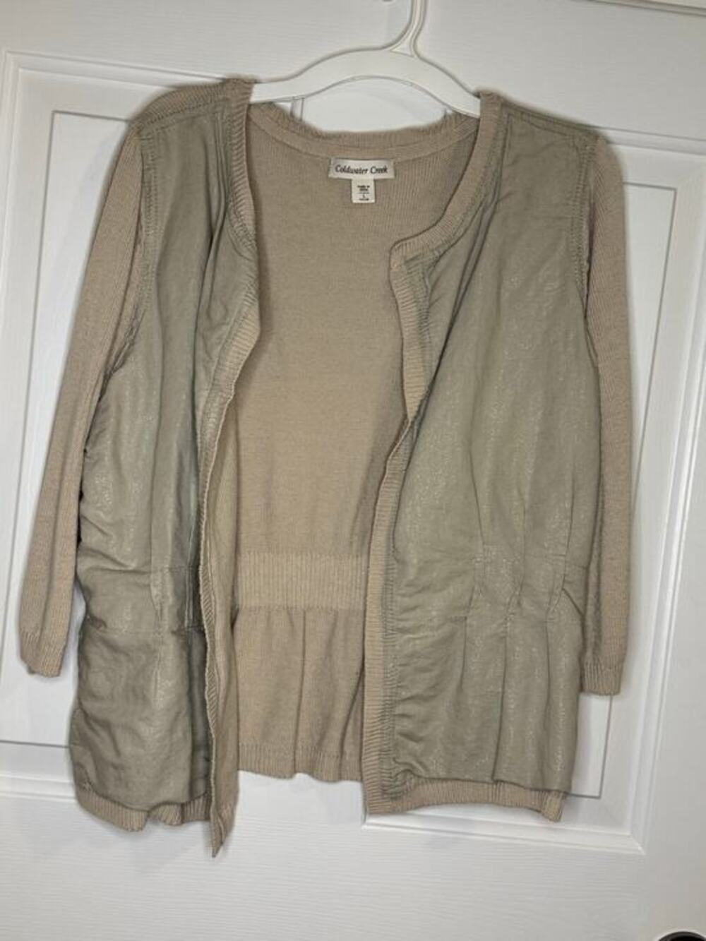 Coldwater Creek Vintage Linen Open Sparkle 3/4 Sleeve Cardigan Beige Taupe L